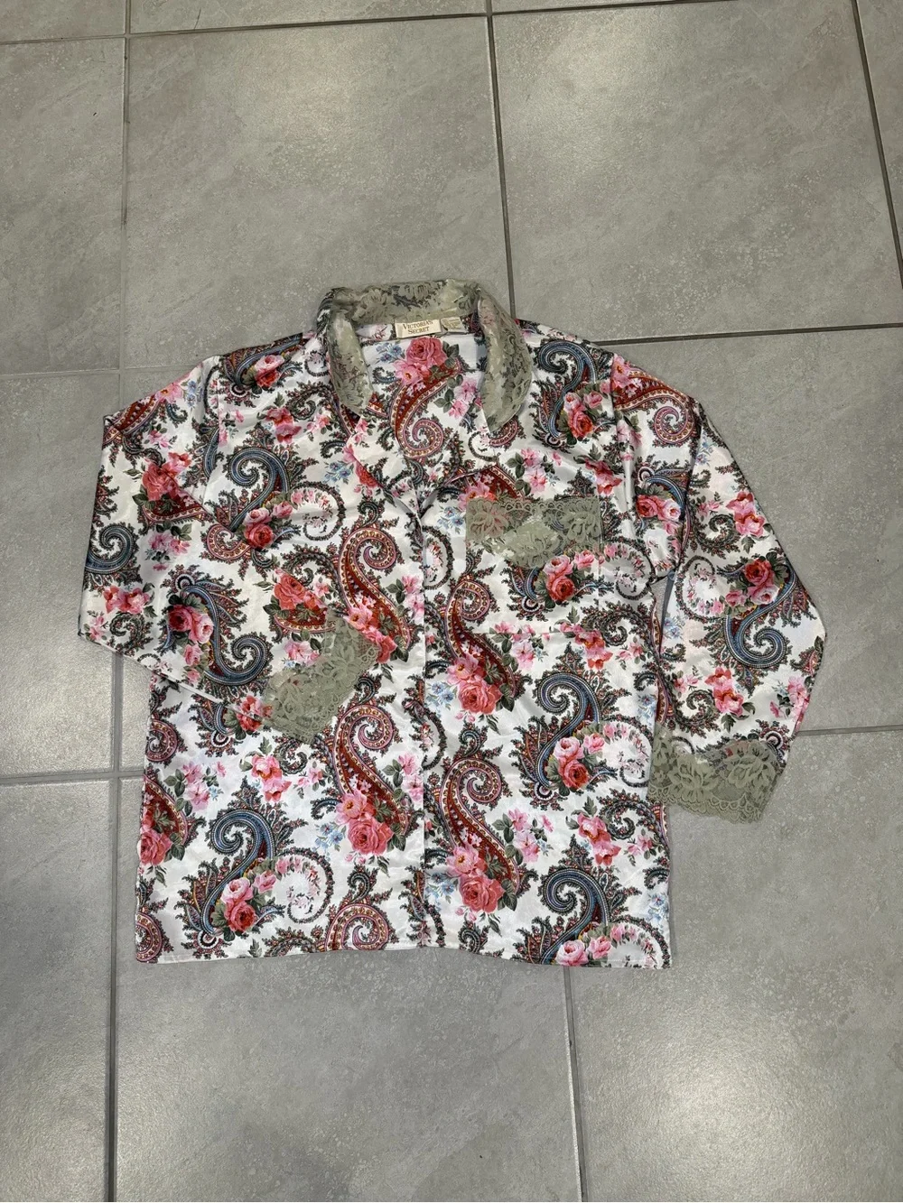 Vintage Victoria's Secret 3-Pc Paisley Floral Satin Pajama & Robe Set Medium